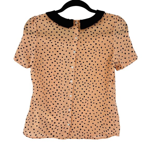Vintage 90s Zara Lace Peter Pan Collar Peach Black Print Button Down Back Blouse - Picture 5 of 14